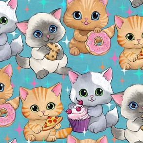 Cute Retro Kittens with Cupcakes, Cookies and More on Blue - large