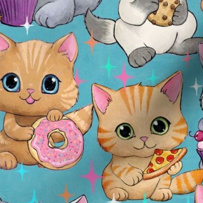 Cute Retro Kittens with Cupcakes, Cookies and More on Blue - medium