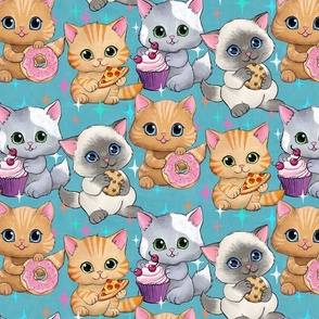 Cute Retro Kittens with Cupcakes, Cookies and More on Blue - medium