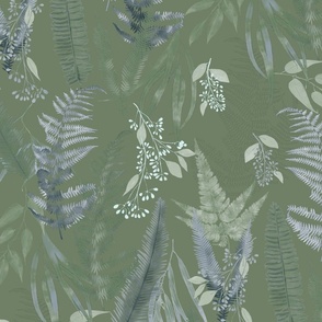 Fern Forest -on forest green #6f8067 (large scale )