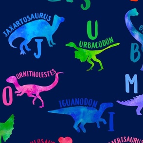 Extra Large Watercolor Dinosaur Silhouette Alphabet On Blue 