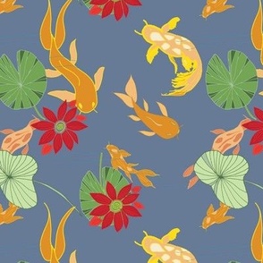 Koi in the Lotus Garden on Stormy Blue