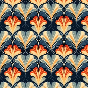 Art Deco Floral: Vibrant Red, Orange, and Blue Patterns on Dark Blue Background