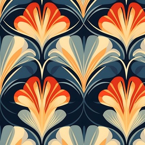 Jumbo Art Deco Floral: Vibrant Red, Orange, and Blue Patterns on Dark Blue Background