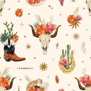 Wild West Watercolor - Boho Skull Cowboy Boots