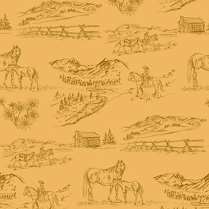 Cowboys Horses Stagecoach Beige Toile sewing fabric by the yard
