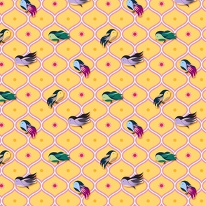 Happy colorful birds on yellow ogee background - small