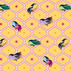 Happy colorful birds on yellow ogee background