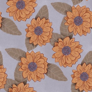 Hand drawn summer sunflowers on a rust background light blue background