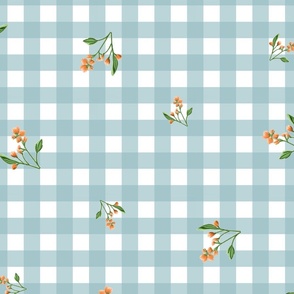 1"- Scattered Flowers - Swedish Gingham - French Blue  Gingham 
