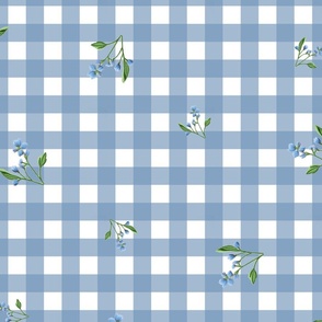 1" - Scattered Flowers - Chambray Blue Gingham  