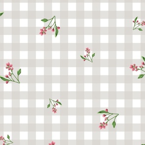 1"- Scattered Flowers - Swedish Gingham - Warm Gray Gingham