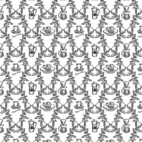 Coffee Shop Illustrations in Black & White for Wallpaper & Home Decor - 8" Fabric