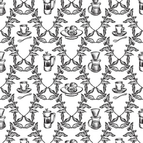 Coffee Shop Illustrations in Black & White for Wallpaper & Home Decor - 12" Fabric