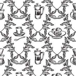 Coffee Shop Illustrations in Black & White for Wallpaper & Home Decor - 18" Fabric