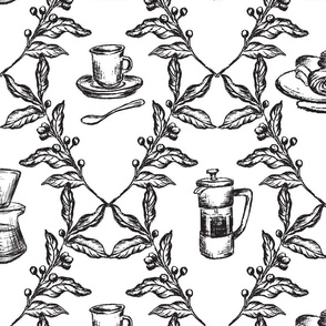 Coffee Shop Illustrations in Black & White for Wallpaper & Home Decor - 24" Fabric