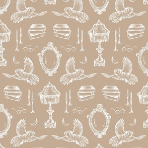 Dark Academia Library Scene Wallpaper White on Tan - 12” Fabric