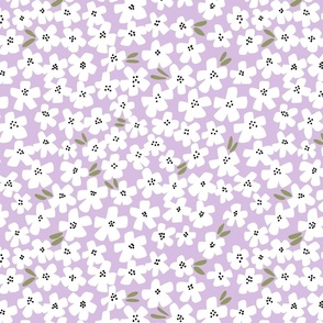 Tiny White flowers with black dot centers on lavender purple background