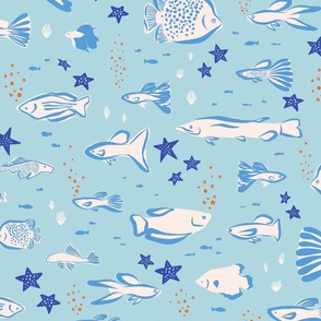 Fish and stars under the Sea_Light and navy blue with red bubbles