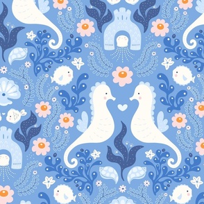 Seahorse and shells in a blue ocean damask