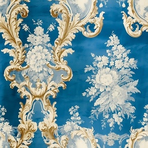 Chateau Bouquet - Gold/Blue Azure on Vintage Silk Wallpaper 