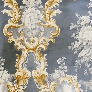 Chateau Bouquet  Peony Château - Gold/Gray Whisper on Vintage Silk Wallpaper 