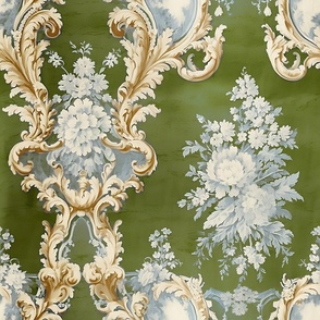 Chateau Bouquet - Gold/Verdant Green on Vintage Silk Wallpaper 