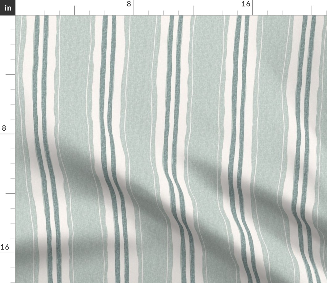 hand painted linen ticking stripe large wallpaper scale in celadon sage by Pippa Shaw