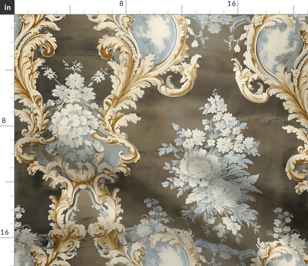 Chateau Bouquet - Gold/ Sepia Patina on Vintage Silk Wallpaper 