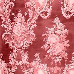 Chateau Bouquet - Rouge Red on Vintage Silk Wallpaper 