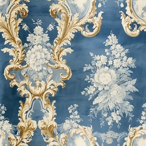 Chateau Bouquet - Gold/Blue on Vintage Silk Silk Wallpaper 