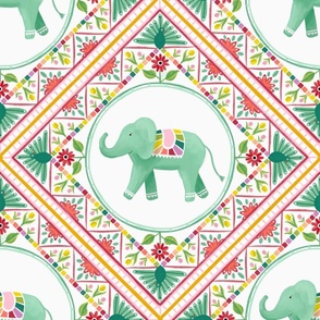 Elephant Tile Print for kids with Peacocks and Rainbow colors
