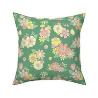 Pretty Retro Flowers on Green Background