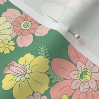 Pretty Retro Flowers on Green Background