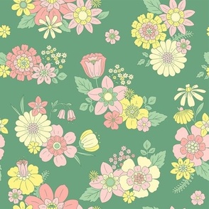 Pretty Retro Flowers on Green Background