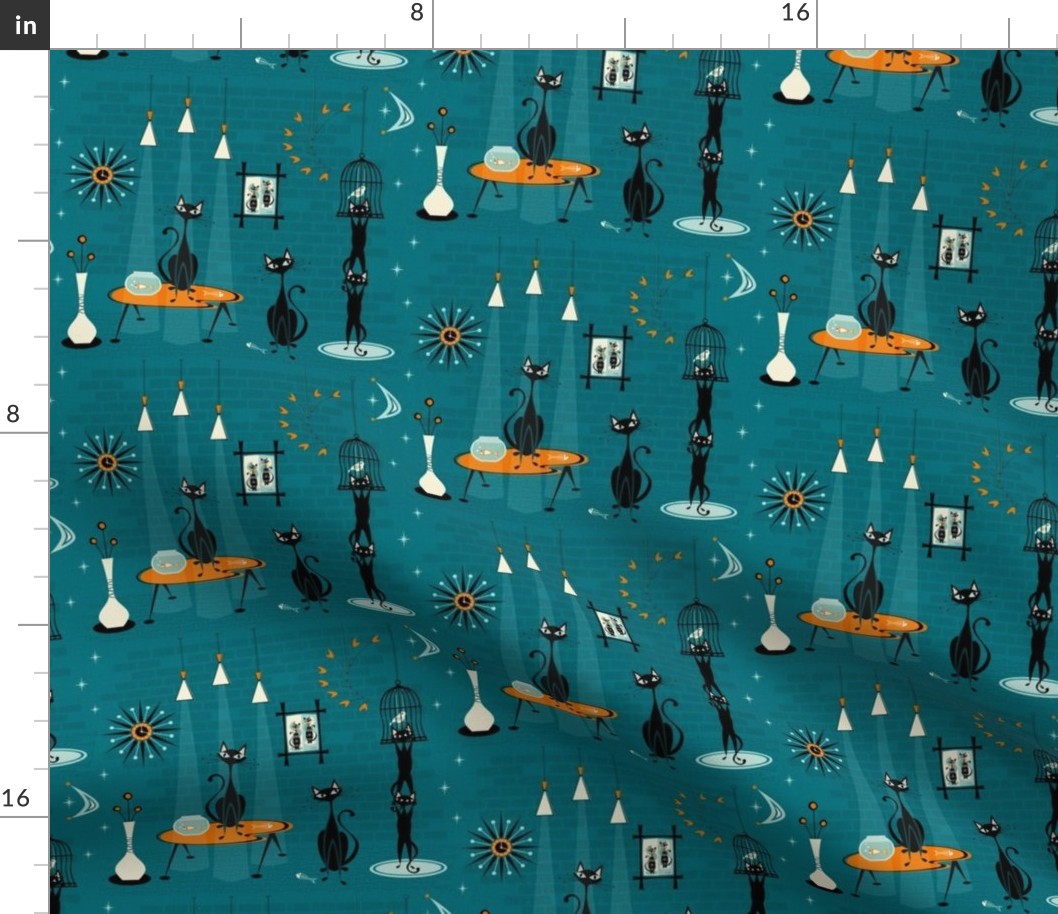 Mid Century Kitty Mischief - Custom Teal and Orange - Smaller Scale   