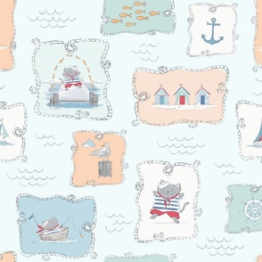 Coastal Kitty Cats for Kids. Peach Fuzz Pantone Color of the Year Inspired with Pastel Blues