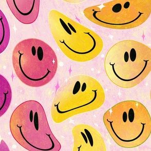 Trippy Preppy Flame Smiley Face - Pink Orange Yellow Smiley Face - Bold Preppy Pink, Preppy Orange, and Preppy Yellow Psychedelic Trippy Smiley Face - SmileBlob - xxtsf104 - 67.91in x 56.49in repeat - 150dpi (Full Scale)