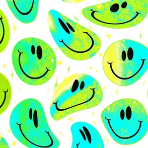 Trippy Twisted Neon Earth Smiley Face - Yellow, Green, and Aqua Blue Smiley Face - Bright Yellow, Green, and Aqua Blue Psychedelic Trippy Smiley Face - SmileBlob - xxtsf223 - 67.91in x 56.49in repeat - 150dpi (Full Scale)