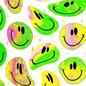 Trippy Twisted Neon Splatter Smiley Face - Yellow, Green, and Pink Smiley Face - Bright Yellow, Green, and Pink Psychedelic Trippy Smiley Face - SmileBlob - xxtsf224 - 67.91in x 56.49in repeat - 150dpi (Full Scale)