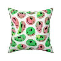 Trippy Twisted Watermelon Pink and Green Smiley Face - Preppy Pastel Pink and Green Smiley Face - Light Pink and Green Psychedelic Trippy Preppy Smiley Face - SmileBlob - xxtsf230 - 67.91in x 56.49in repeat - 300dpi (50% of Full Scale)