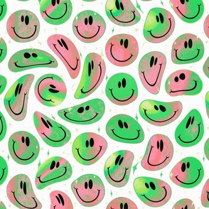 Trippy Twisted Watermelon Pink and Green Smiley Face - Preppy Pastel Pink and Green Smiley Face - Light Pink and Green Psychedelic Trippy Preppy Smiley Face - SmileBlob - xxtsf230 - 67.91in x 56.49in repeat - 300dpi (50% of Full Scale)