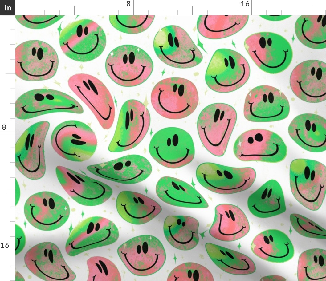 Trippy Twisted Watermelon Pink and Green Smiley Face - Preppy Pastel Pink and Green Smiley Face - Light Pink and Green Psychedelic Trippy Preppy Smiley Face - SmileBlob - xxtsf230 - 67.91in x 56.49in repeat - 300dpi (50% of Full Scale)