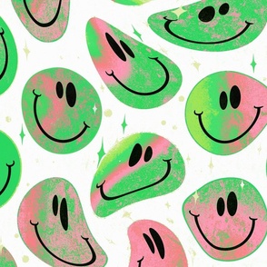 Trippy Twisted Watermelon Pink and Green Smiley Face - Pastel Pink and Green Smiley Face - Light Pink and Green Psychedelic Trippy Smiley Face - SmileBlob - xxtsf230 - 67.91in x 56.49in repeat - 150dpi (Full Scale)