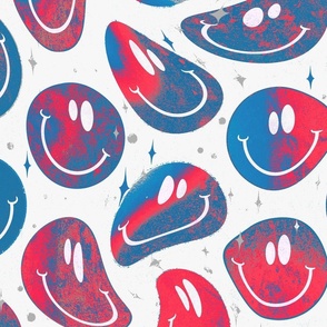 Trippy Bleached Denim Patriotic Red White and Blue Trippy Smiley Face - Pastel Red White and Blue Smiley Face - Light Red White and Blue Psychedelic Trippy Smiley Face - SmileBlob - xxtsf231 - 67.91in x 56.49in repeat - 150dpi (Full Scale)