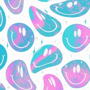 Trippy Bleached Pink and Blue Smiley Face - Pastel Pink and Blue Smiley Face - Light Pink and Blue Psychedelic Trippy Smiley Face - tsf234 - 67.91in x 56.49in repeat - 150dpi (Full Scale)