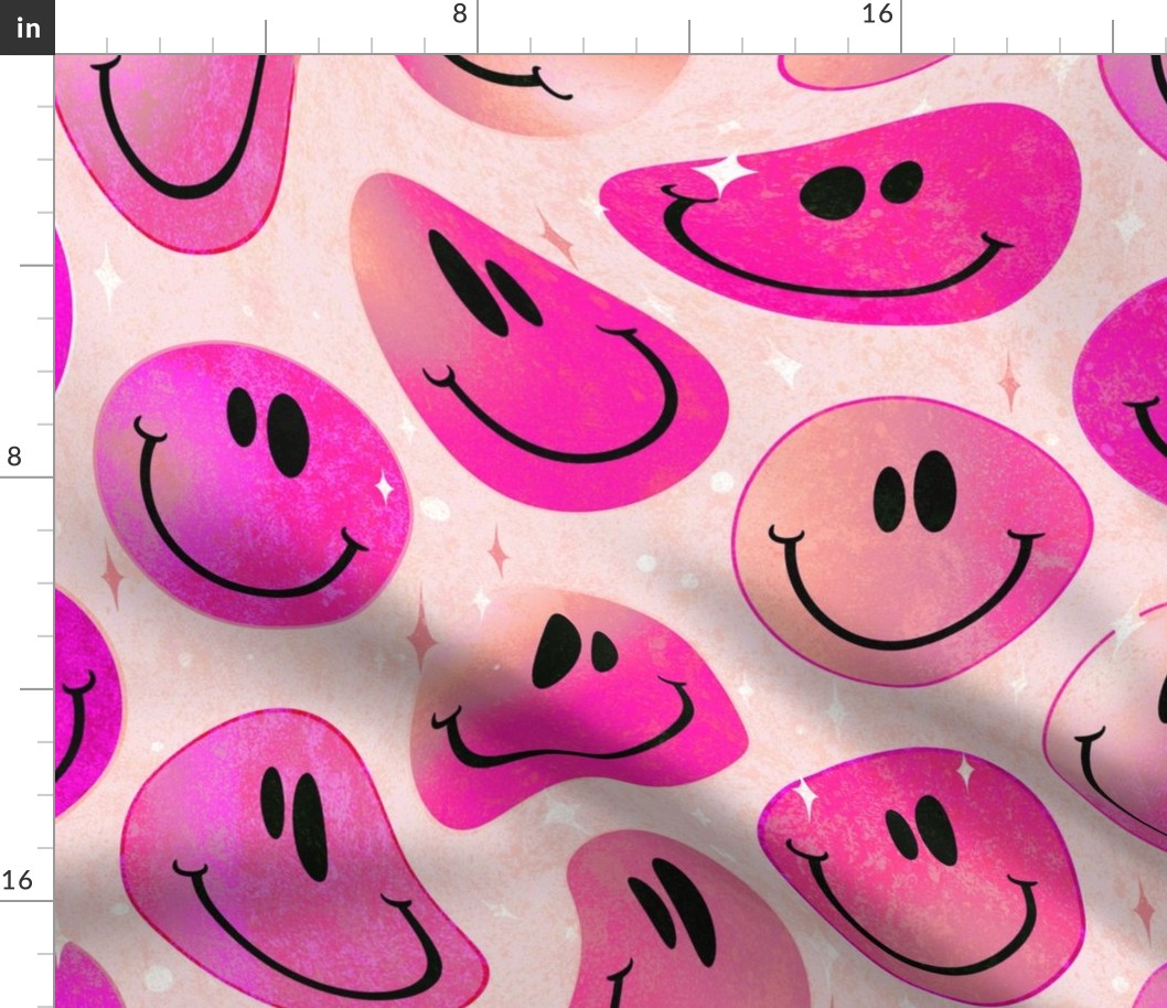 Trippy Flamingo Fuchsia Smiley Face - Bright Flamingo Pink Smiley Face - Bright Fuschia Pink over Light Pink Psychedelic Trippy Smiley Face - SmileBlob - xxtsf301 - 67.91in x 56.49in repeat - 150dpi (Full Scale)
