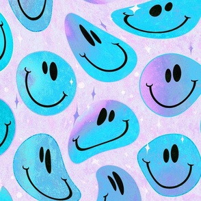 Trippy Bold Glacier Blue Smiley Face - Bright Blue Smiley Face - Bright Blue over Light Blue Psychedelic Trippy Smiley Face - SmileBlob - xxtsf302 - 67.91in x 56.49in repeat - 150dpi (Full Scale)