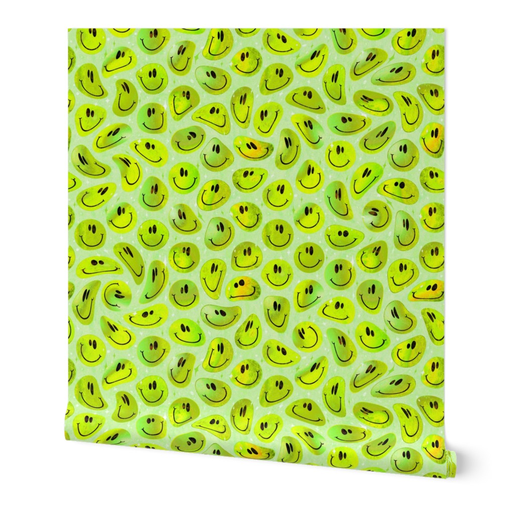 Trippy Bold Lemon Lime Smiley Face - Bright Green Yellow Smiley Face - Bright Green Yellow over Green Yellow Psychedelic Trippy Smiley Face - SmileBlob - xxtsf409 - 67.91in x 56.49in repeat - 150dpi (Full Scale)