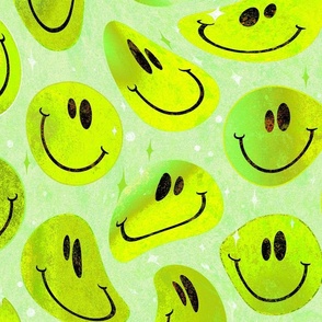 Trippy Bold Lemon Lime Smiley Face - Bright Green Yellow Smiley Face - Bright Green Yellow over Green Yellow Psychedelic Trippy Smiley Face - SmileBlob - xxtsf409 - 67.91in x 56.49in repeat - 150dpi (Full Scale)